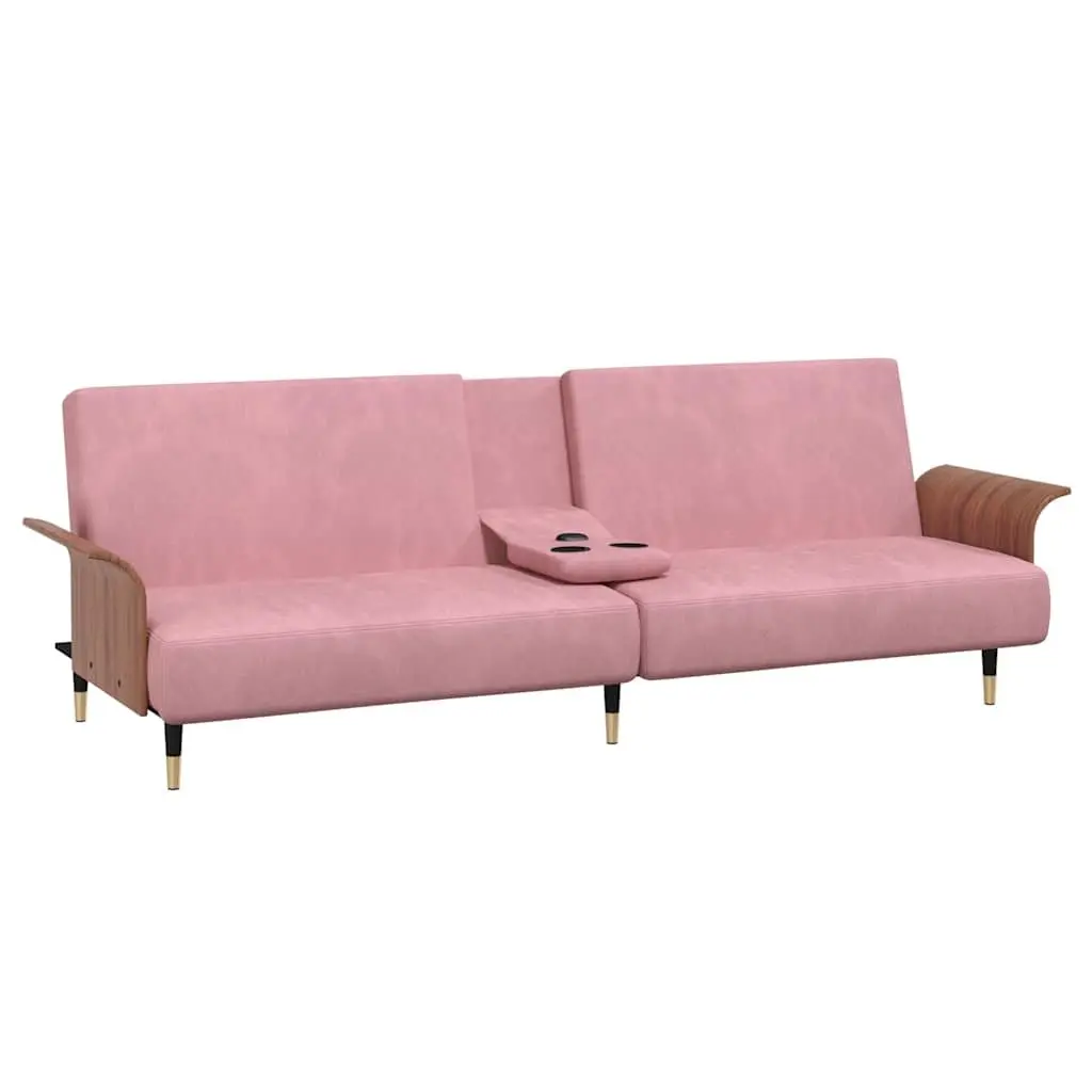 Pink Velvet Sofa Bed with Foldable Tea Table & USB Ports