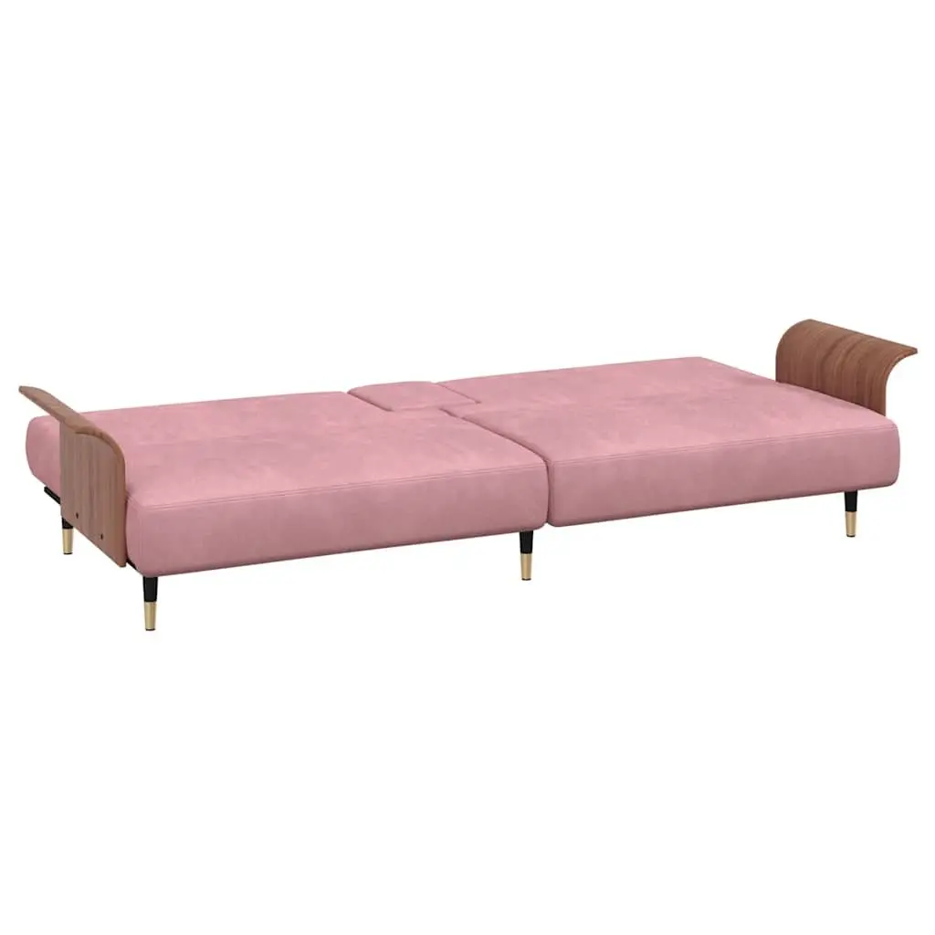 Pink Velvet Sofa Bed with Foldable Tea Table & USB Ports