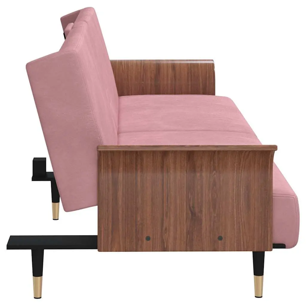 Pink Velvet Sofa Bed with Foldable Tea Table & USB Ports