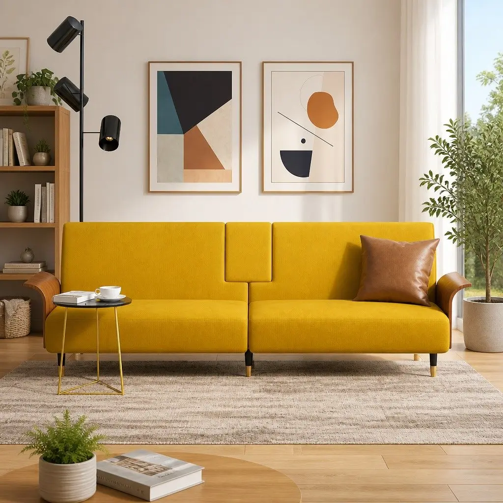 Yellow Velvet Sofa Bed with Adjustable Backrest