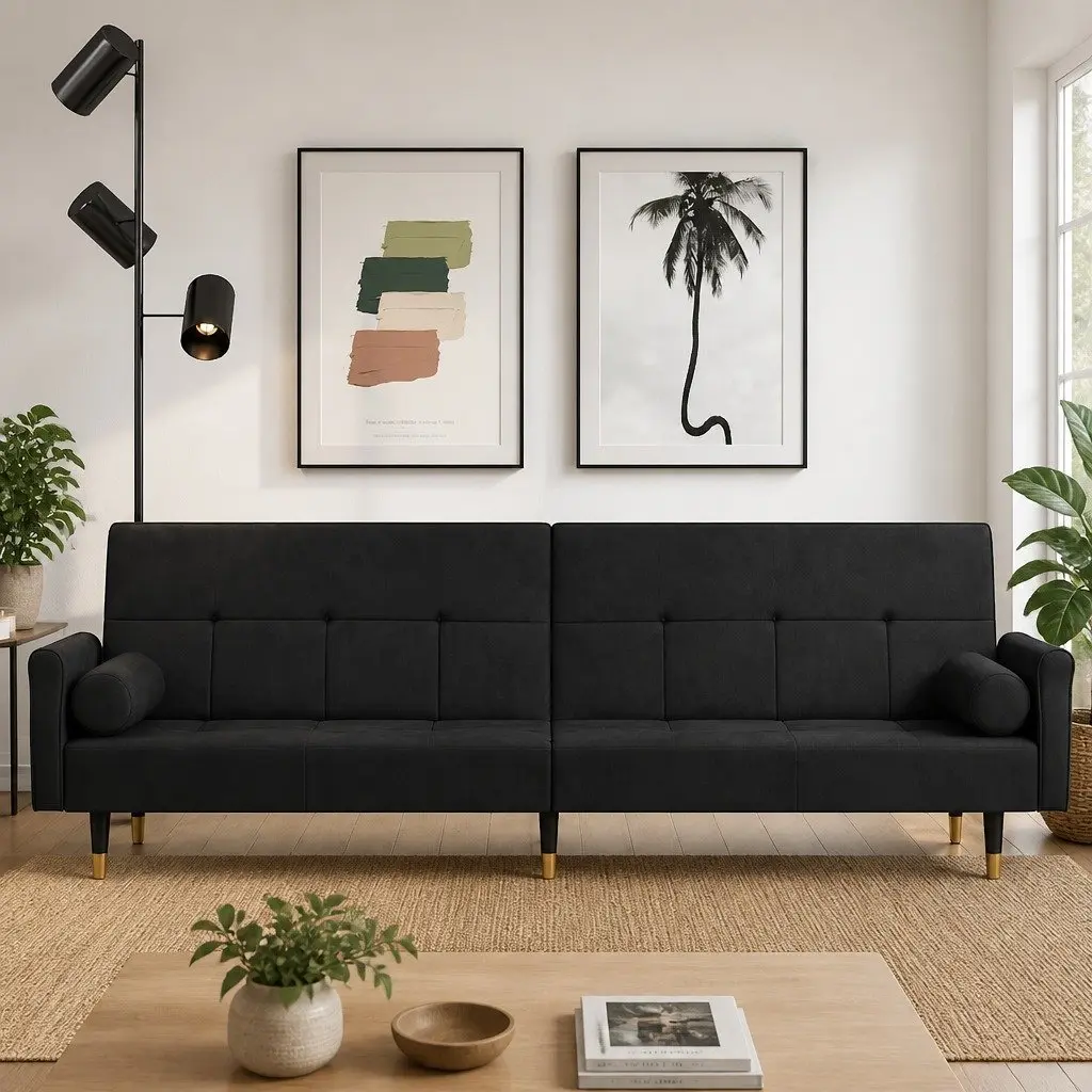 Black Velvet Sofa Bed with Cushions and Adjustable Backrest