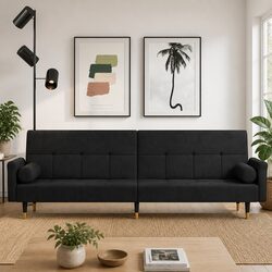 Black Velvet Sofa Bed with Cushions and Adjustable Backrest