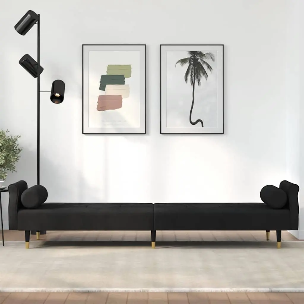 Black Velvet Sofa Bed with Cushions and Adjustable Backrest