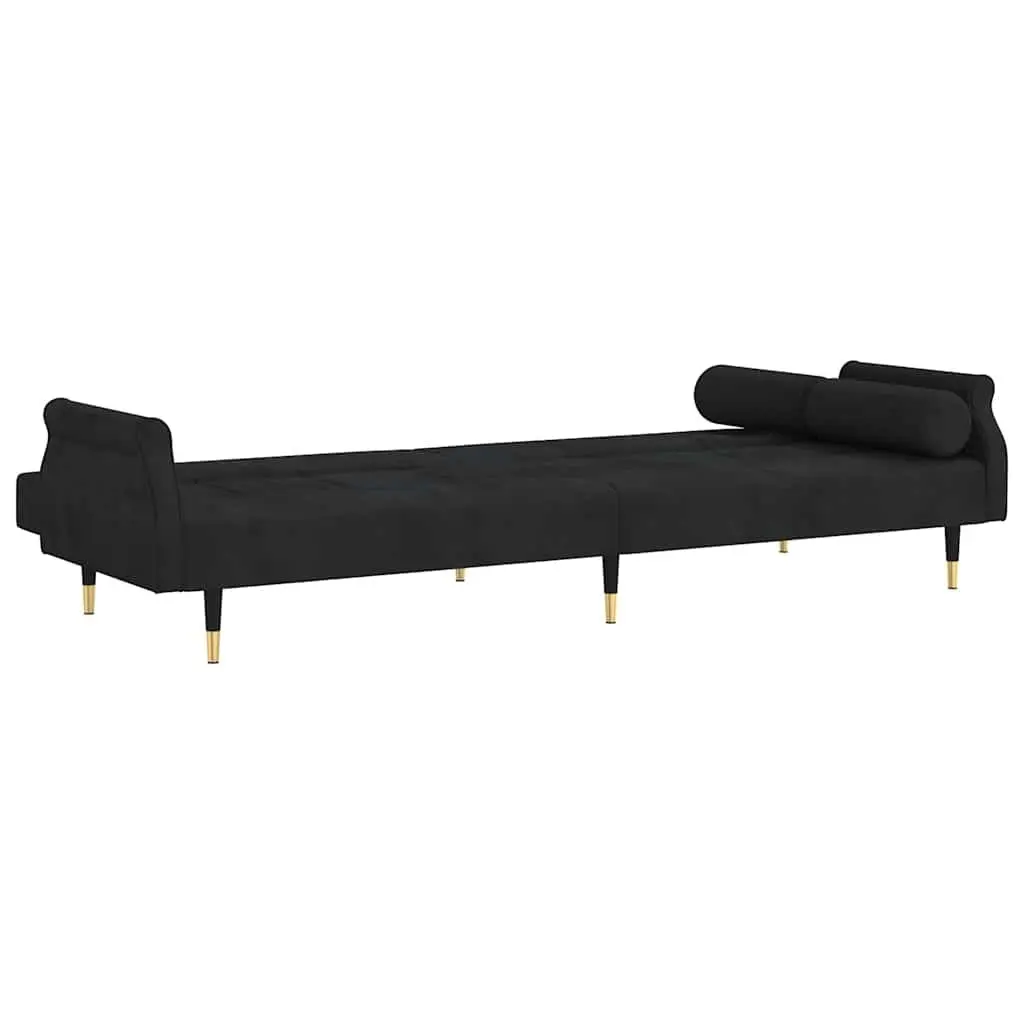 Black Velvet Sofa Bed with Cushions and Adjustable Backrest