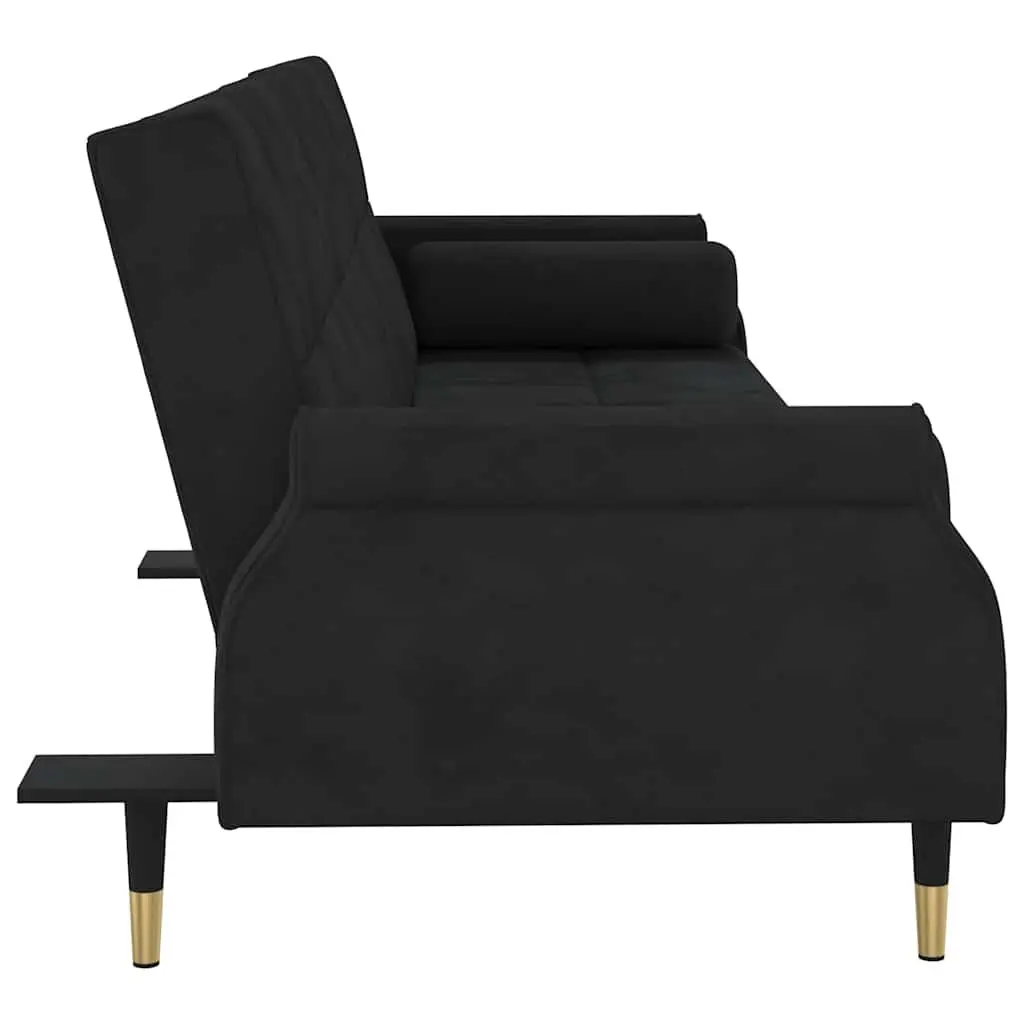 Black Velvet Sofa Bed with Cushions and Adjustable Backrest