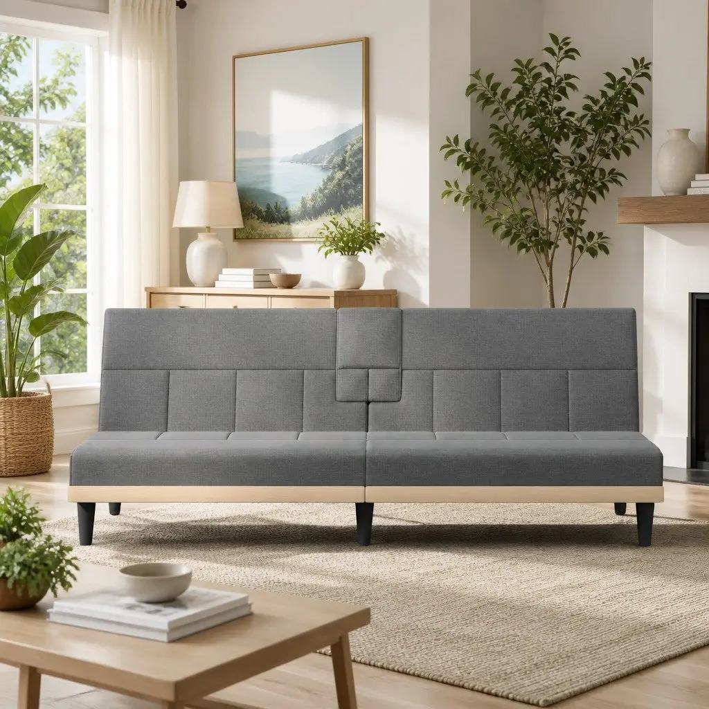 Grey Fabric Sofa Bed with Adjustable Backrest & Cup Holders