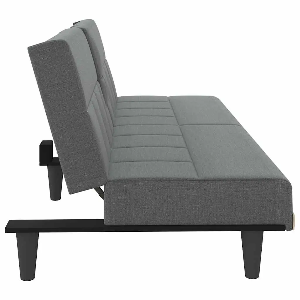 Grey Fabric Sofa Bed with Adjustable Backrest & Cup Holders