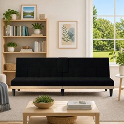 Sofa Bed Black Fabric Adjustable Backrest Cup Holders Foldable Tea Table USB