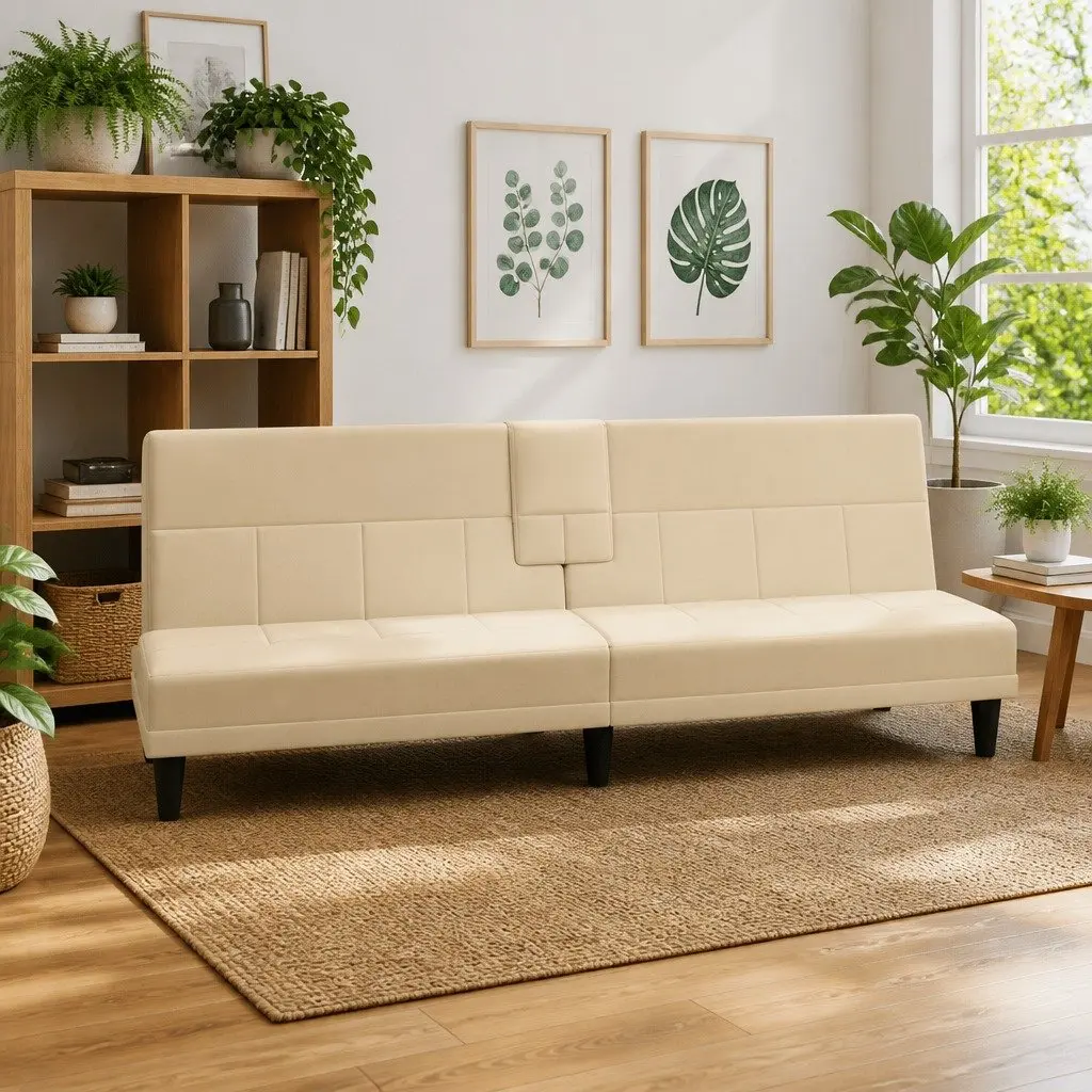 Sofa Bed Fabric Cream Adjustable Backrest Cup Holders
