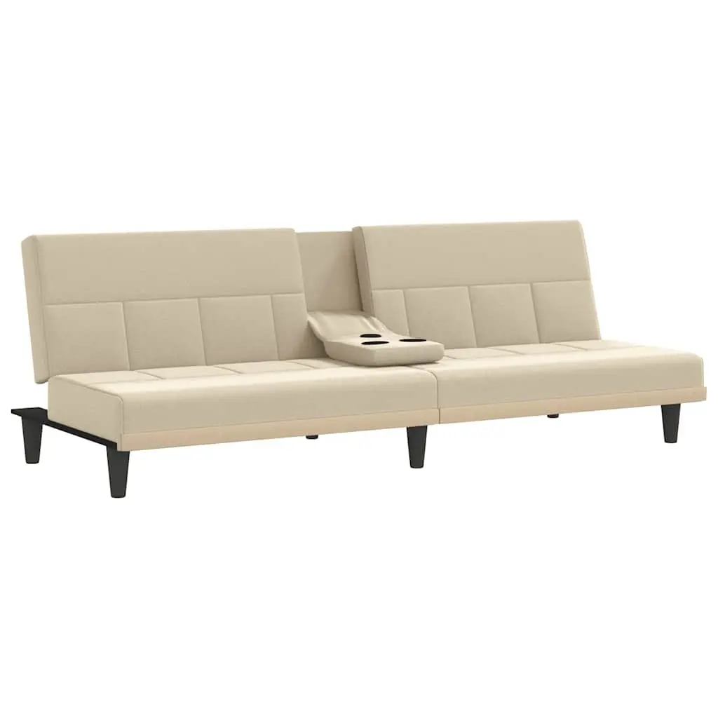 Sofa Bed Fabric Cream Adjustable Backrest Cup Holders