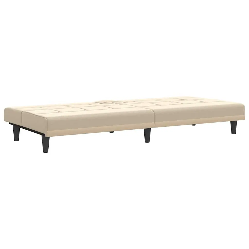Sofa Bed Fabric Cream Adjustable Backrest Cup Holders