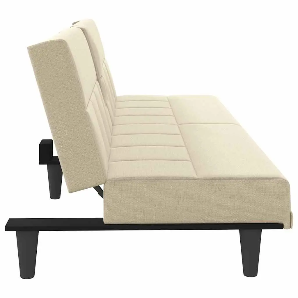 Sofa Bed Fabric Cream Adjustable Backrest Cup Holders