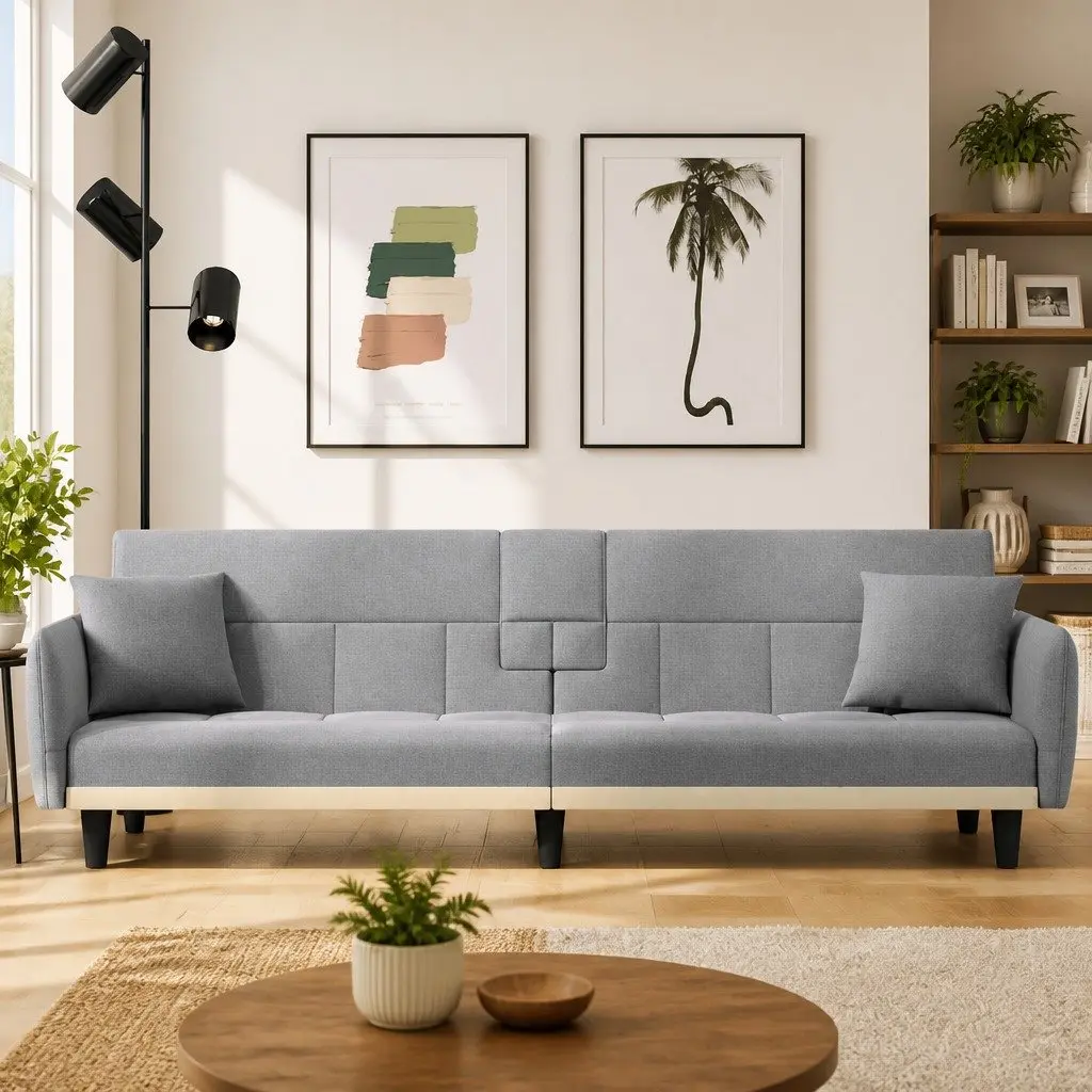 Adjustable Grey Sofa Bed with Cup Holders and USB Ports
