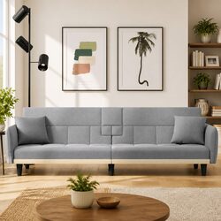 Adjustable Grey Sofa Bed with Cup Holders and USB Ports