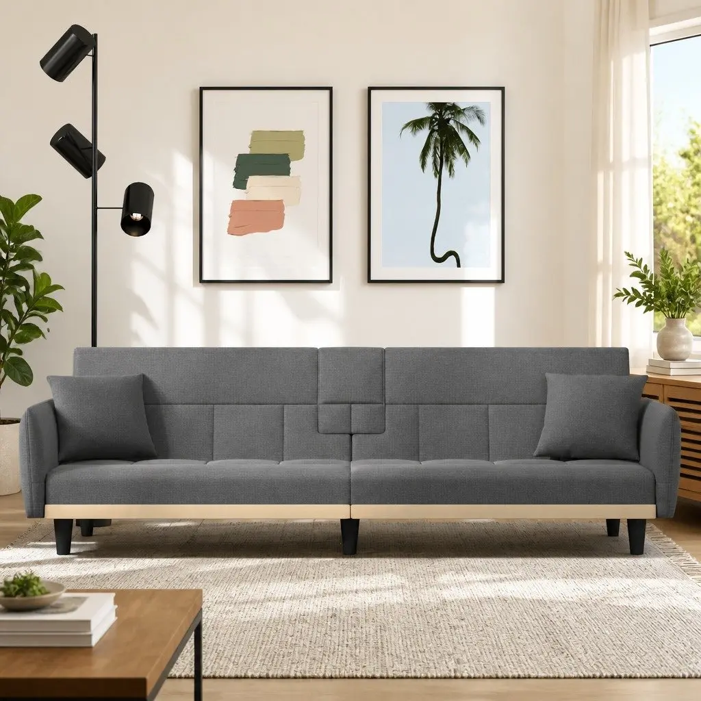 Adjustable Sofa Bed with Cup Holders and USB Ports in Grey
