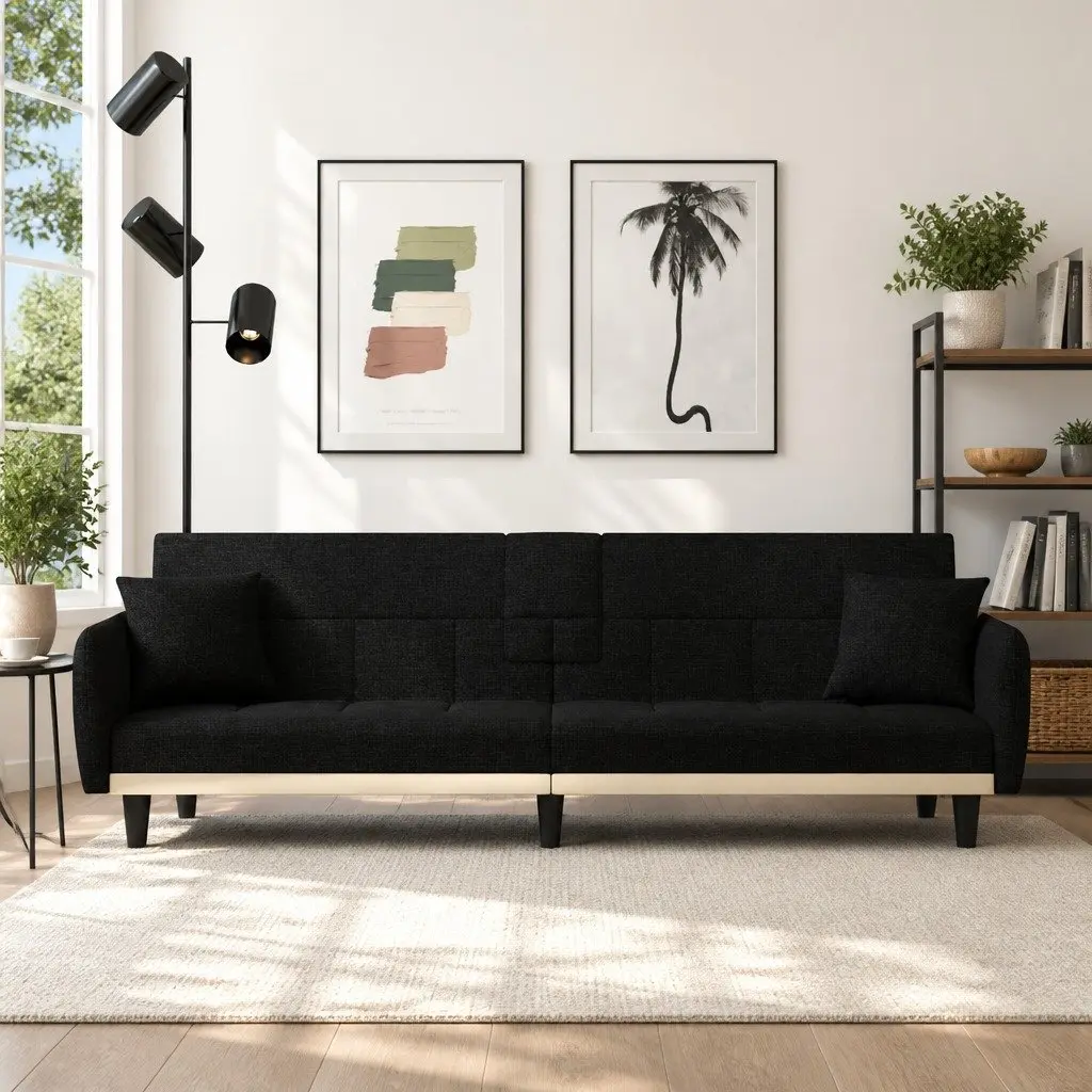 Adjustable Black Fabric Sofa Bed with USB Charging