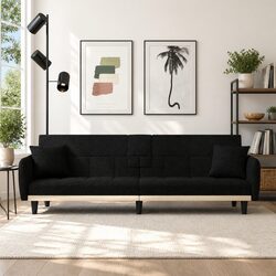 Sofa Bed Black Fabric Adjustable Backrest Cup Holders Tea Table USB Charging