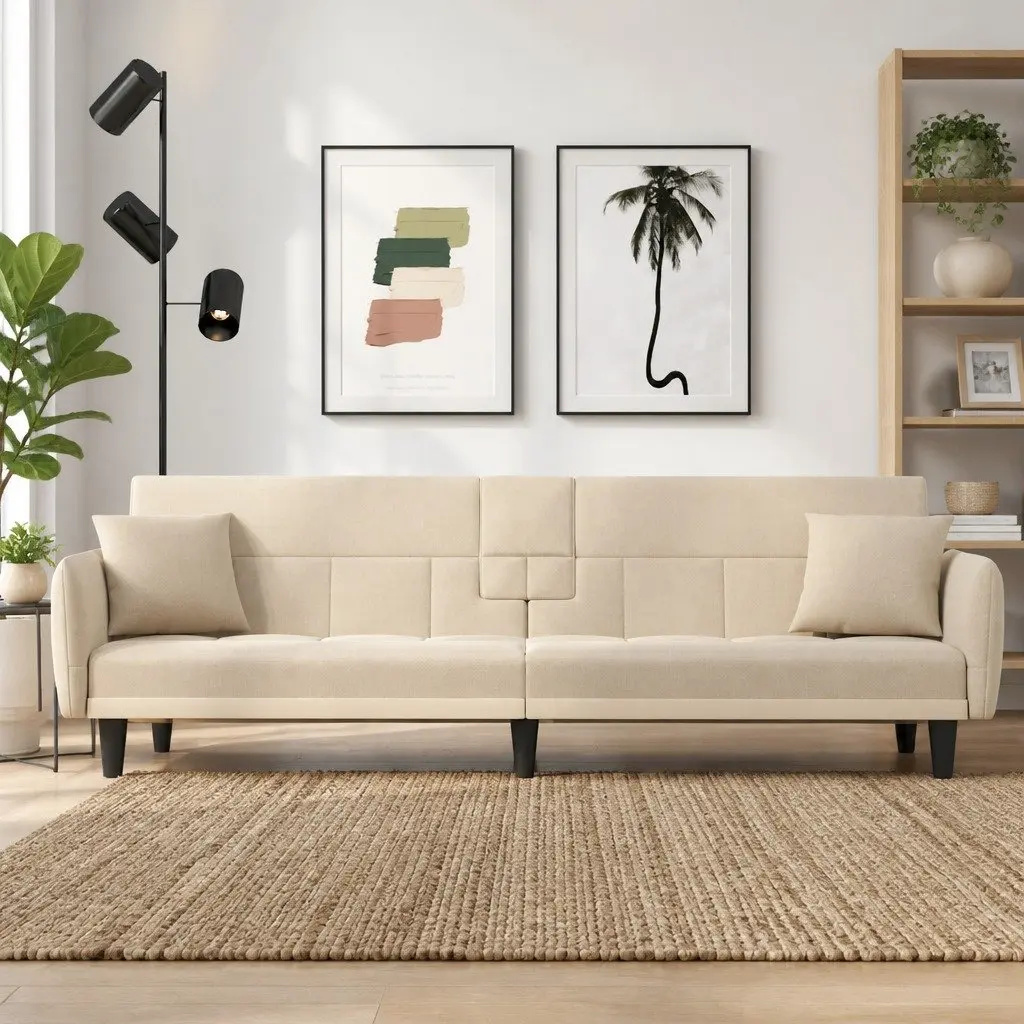 Sofa Bed Cream Fabric Adjustable Backrest Couch