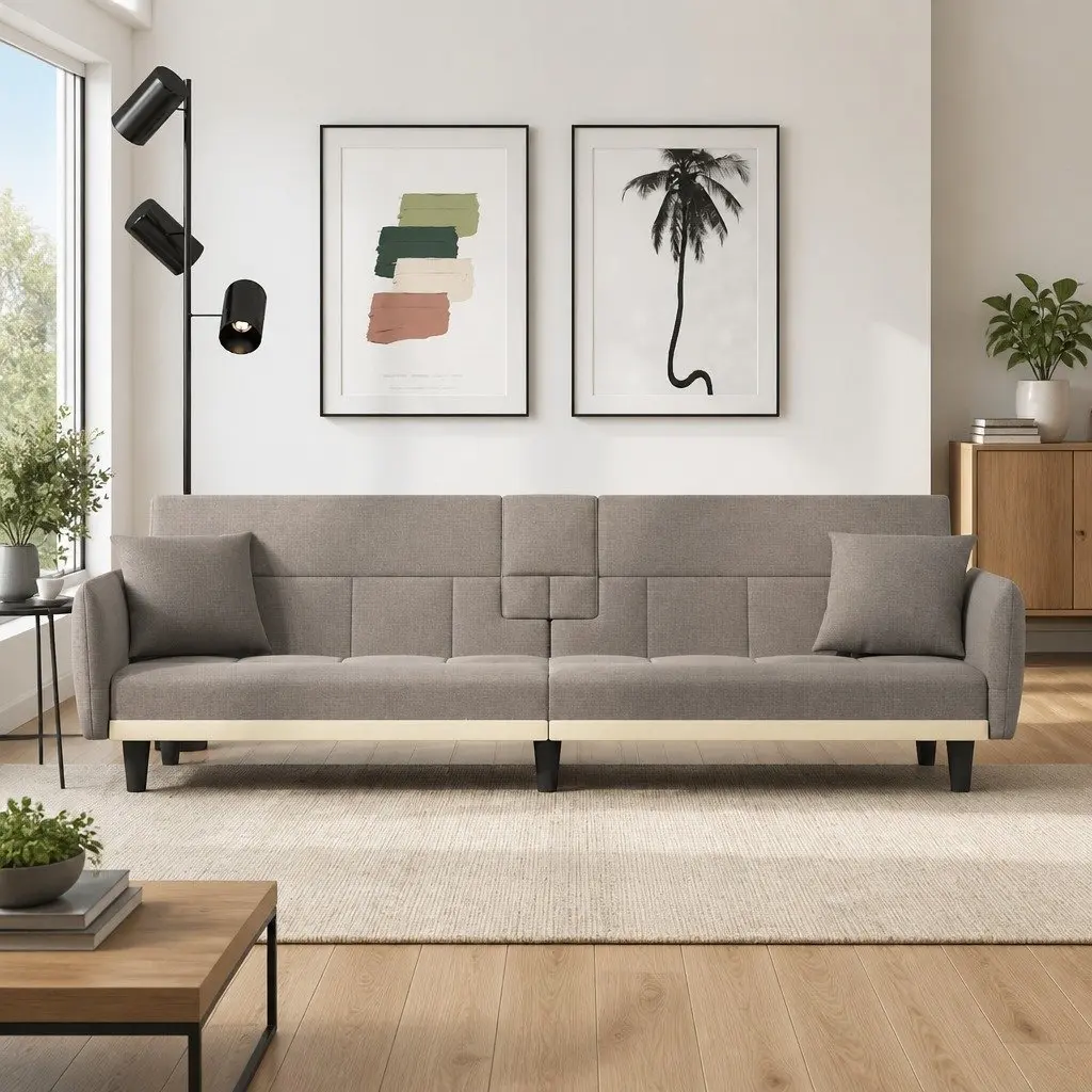 Taupe Sofa Bed with USB Ports and Adjustable Backrest