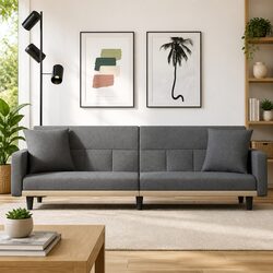 Sofa Bed with Cushions Grey Fabric Adjustable Backrest Sleeper Couch Guest Bed
