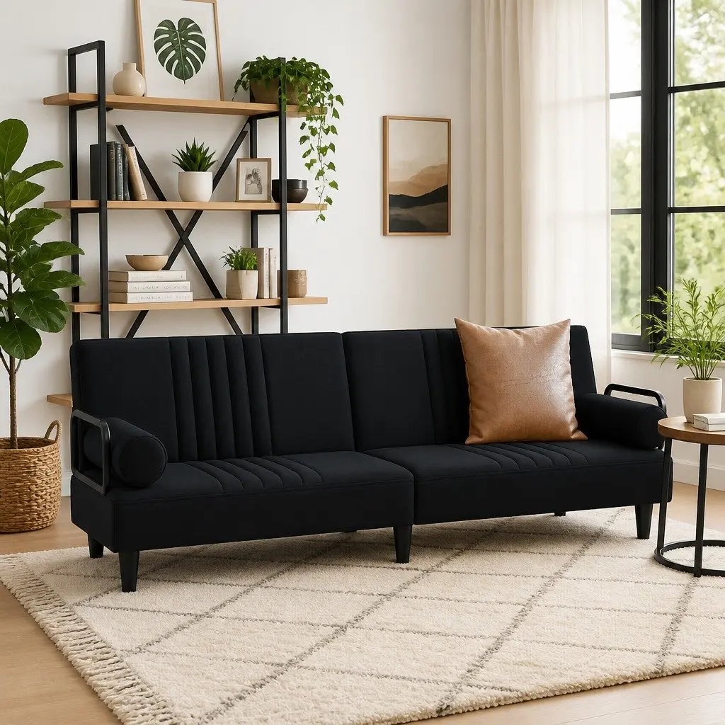 Adjustable Black Velvet Sofa Bed with Armrests
