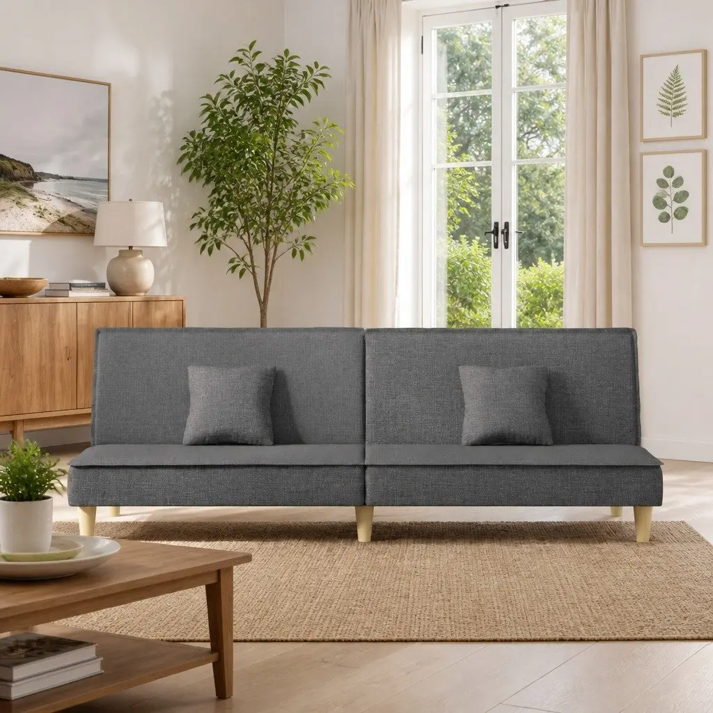 Adjustable Grey Fabric Sofa Bed with Pillows
