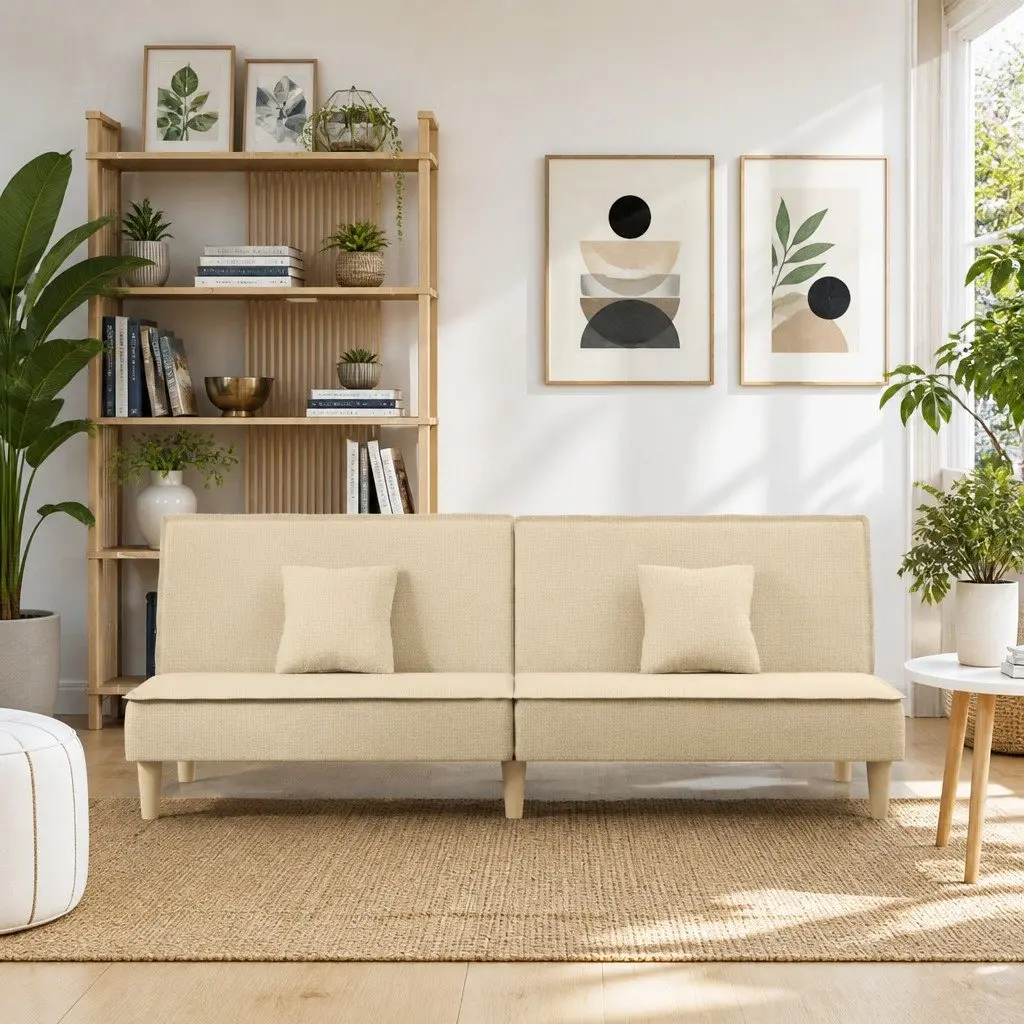 Cream Fabric Sofa Bed with Adjustable Backrest for Guests