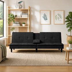 Adjustable Black Velvet Sofa Bed with Cup Holders