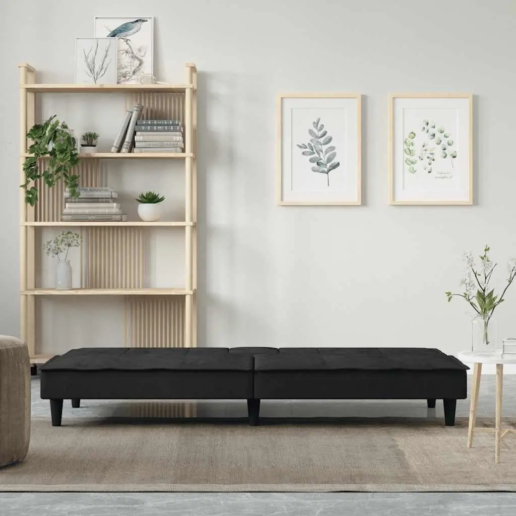Adjustable Black Velvet Sofa Bed with Cup Holders