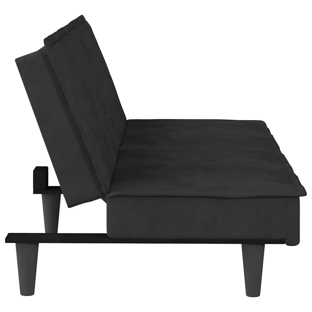 Adjustable Black Velvet Sofa Bed with Cup Holders