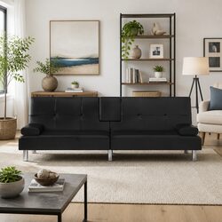 Adjustable Backrest Sofa Bed in Black Faux Leather
