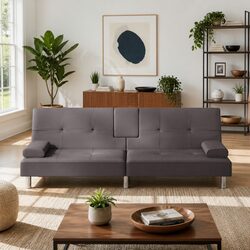 Grey Faux Leather Sofa Bed with Adjustable Backrest Cup Holders Sleeper Couch