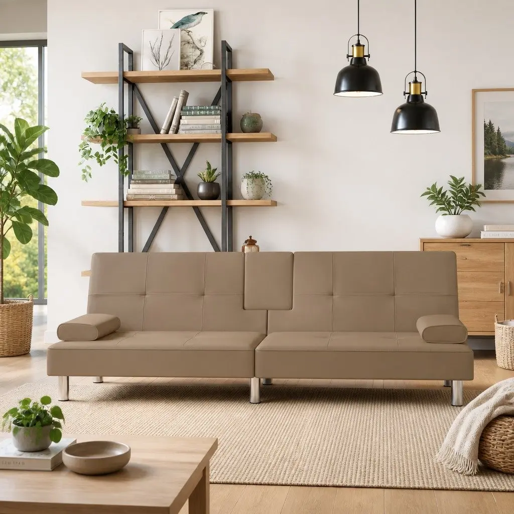 Adjustable Backrest Sofa Bed with Cup Holders in Brown