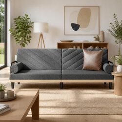Grey Fabric Sofa Bed with Adjustable Backrest and Armrests