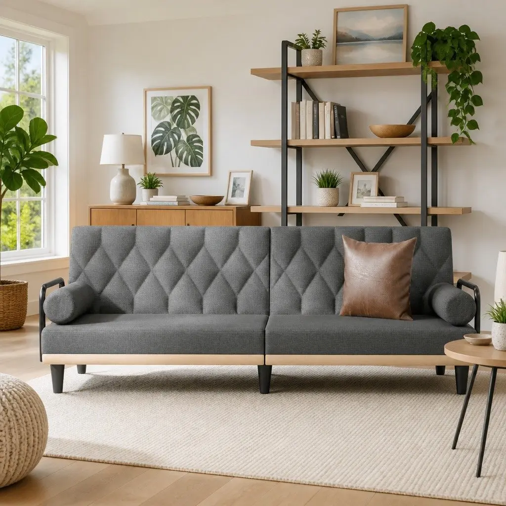 Grey Fabric Sofa Bed with Adjustable Backrest