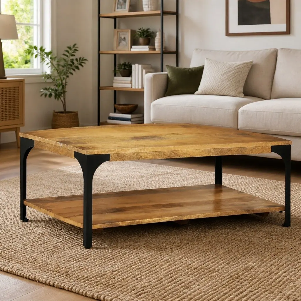 2-Tier Brown Mango Wood Coffee Table with Steel Frame