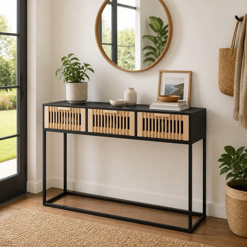 Black Scandinavian Console Table with 3 Drawers