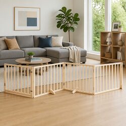 Foldable 4-Panel Dog Gate in Brown Poplar Wood with Lock