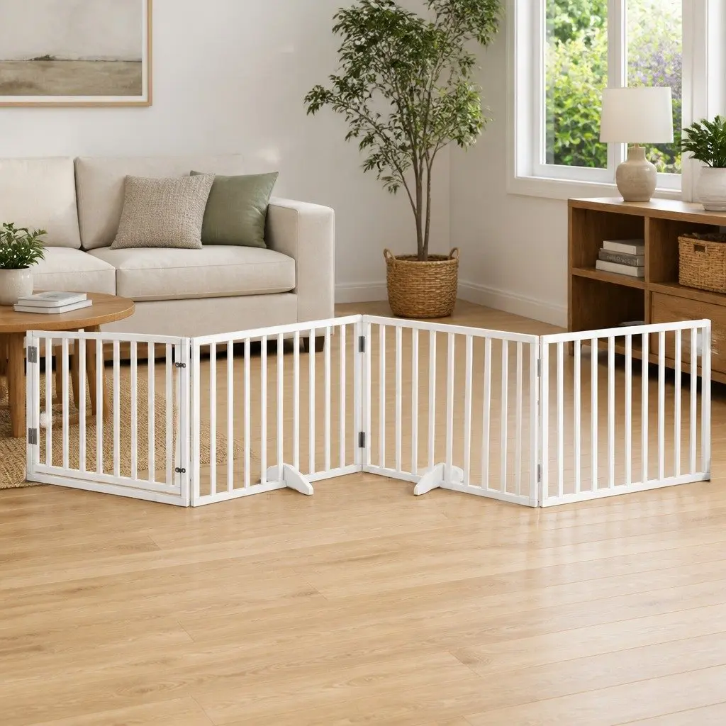 Foldable 4-Panel Dog Gate in White Poplar Wood