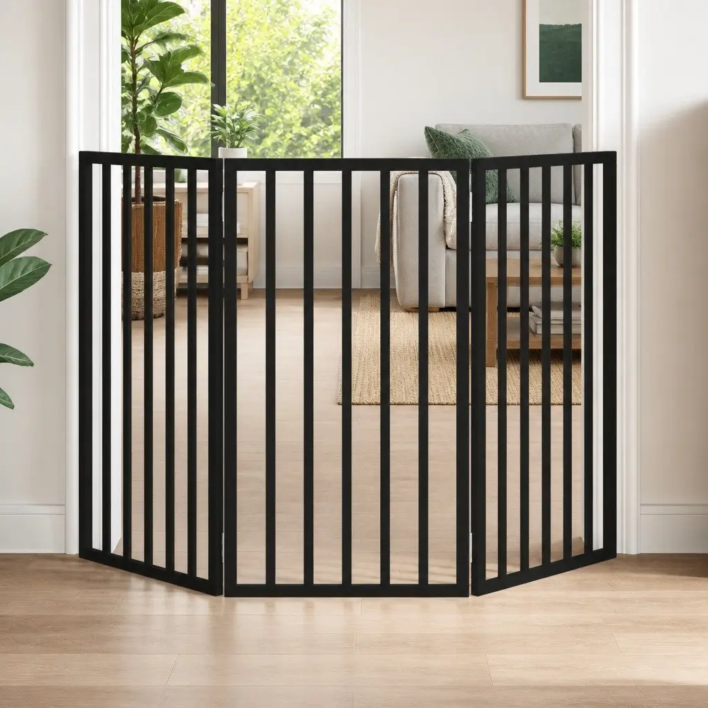 Dog Gate Foldable 3 Panels Black 150 cm Pet Safety Barrier Poplar Wood