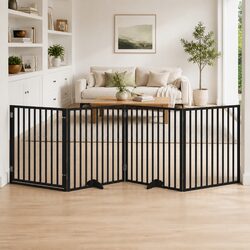 Premium 4-Panel Dog Gate with Secure Door - Black Wood