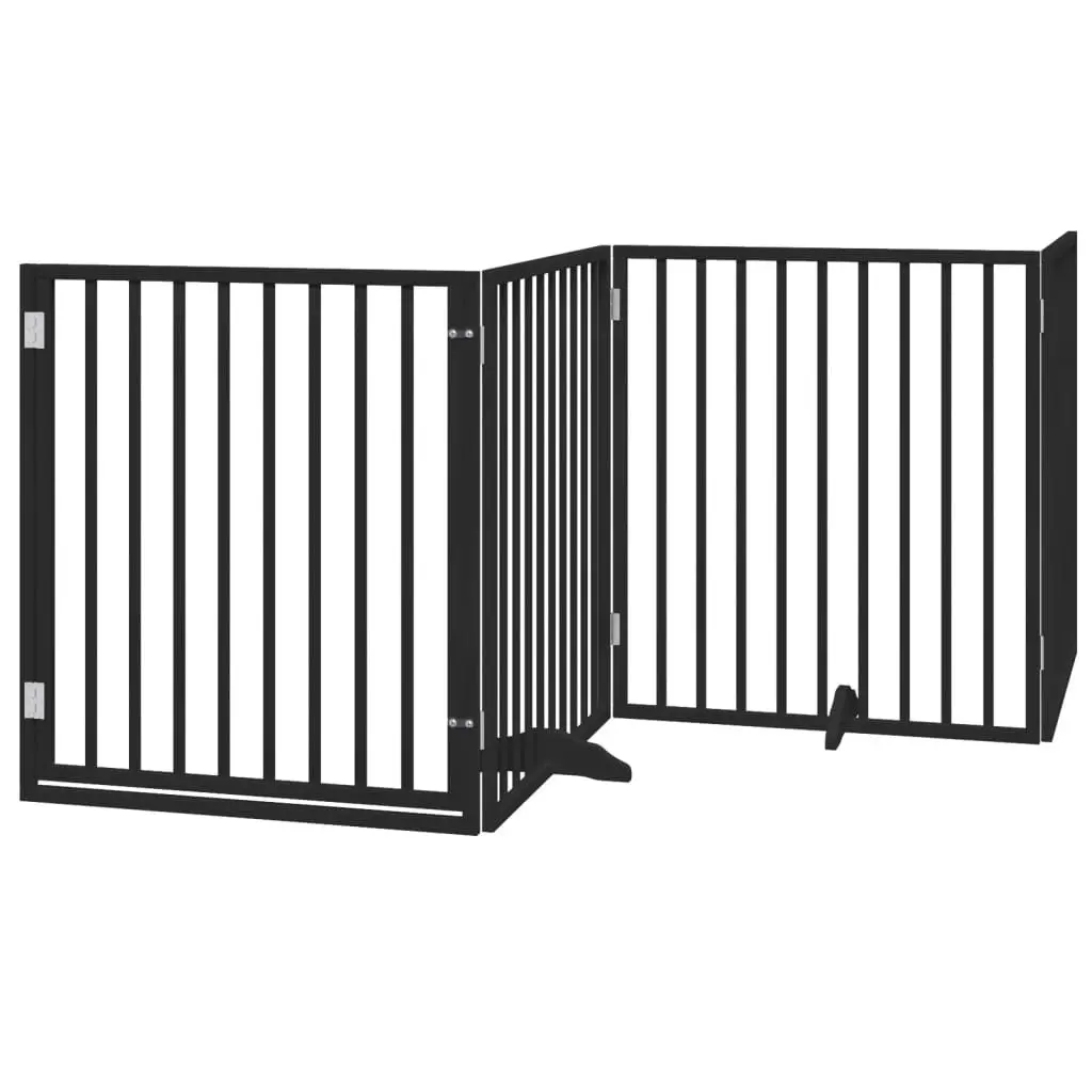 Dog Gate Foldable 4 Panels with Door Black Poplar Wood Pet Safety Barrier