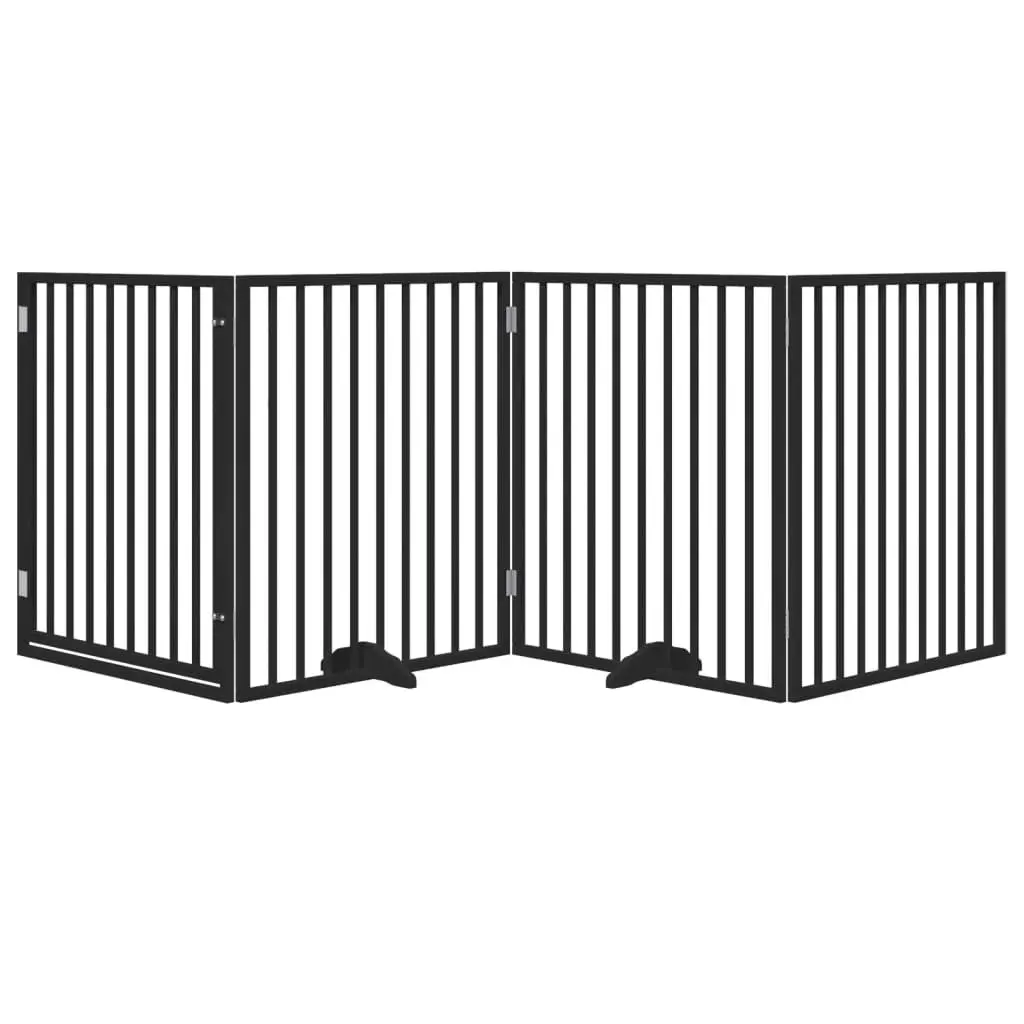 Dog Gate Foldable 4 Panels with Door Black Poplar Wood Pet Safety Barrier