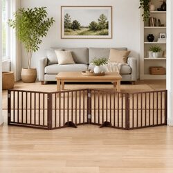 Sturdy 4-Panel Dog Gate with Door in Brown Poplar Wood
