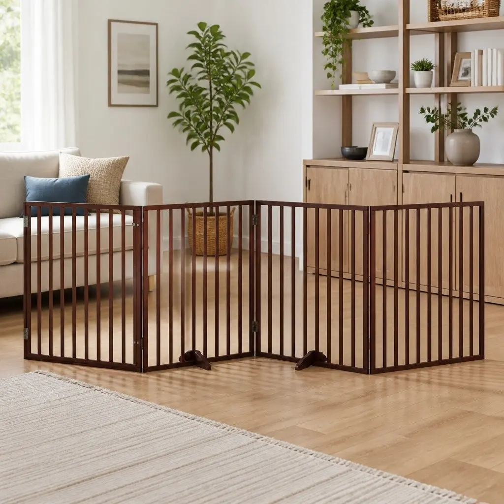 Foldable Dog Gate with Door 4 Panels Brown 320cm