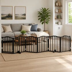Premium Foldable Dog Gate 300cm Black Poplar Wood Barrier