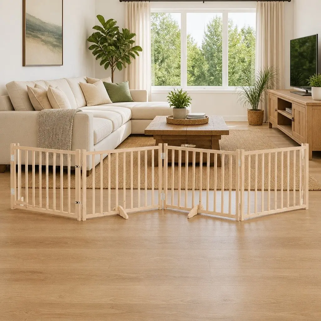Solid Wood 4-Panel Dog Gate with Lockable Door