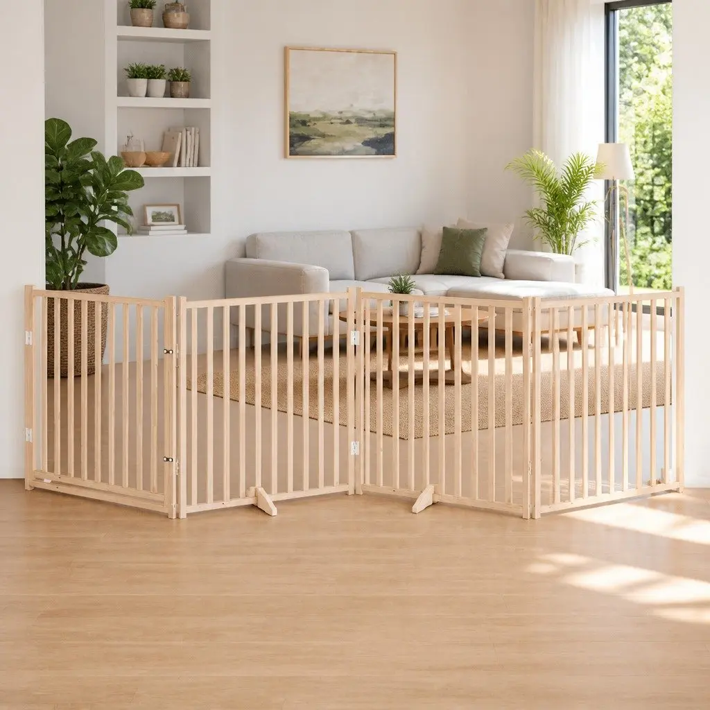 Dog Gate Foldable 4 Panels with Door Solid Wood Pet Safety Barrier Playpen