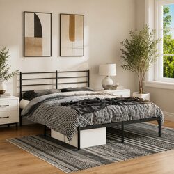 Durable Black Metal Bed Frame 150x200 cm with Headboard