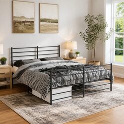 Black Metal Bed Frame 150x200 cm with Slatted Base